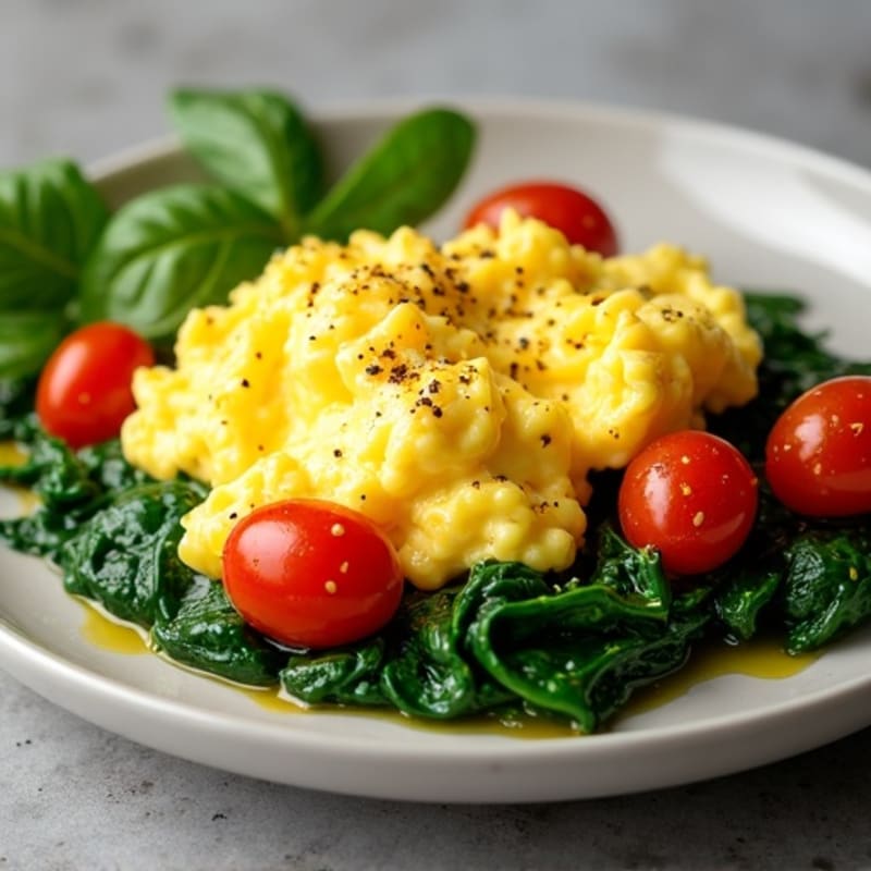 Fluffy Scrambled Eggs with Sautéed Spinach and Roasted Cherry Tomatoes