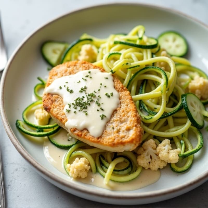 Creamy Cauliflower Alfredo Chicken with Zucchini Noodles