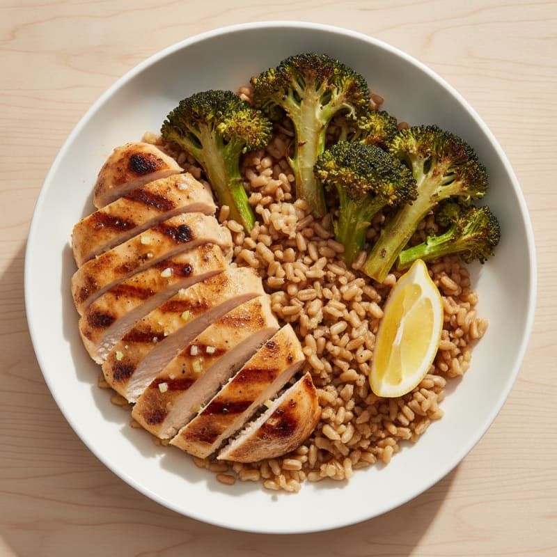 Grilled Chicken and Brown Rice Bowl with Roasted Broccoli