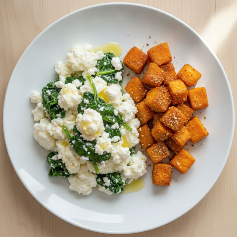 Cottage Cheese Egg White Scramble with Sautéed Spinach and Roasted Sweet Potatoes
