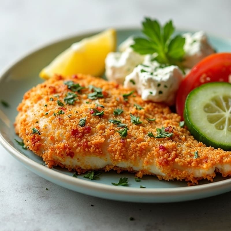 Crispy Lemon Herb Chicken with Fresh Feta and Cucumber Tomato Salad