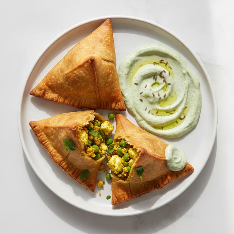 Paneer and Pea Samosas with Mint Chutney
