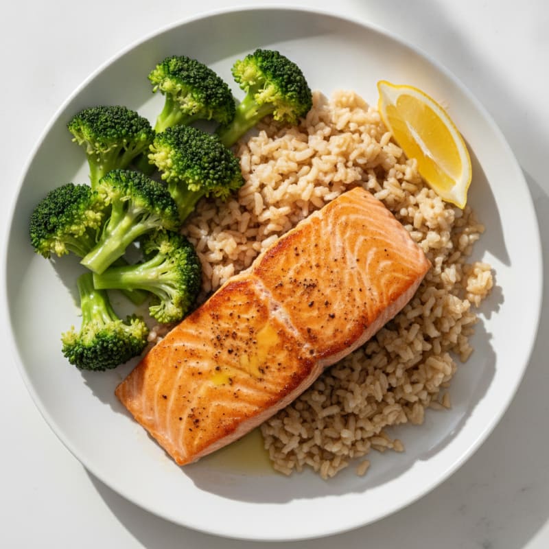 Seared Salmon with Steamed Broccoli and Brown Rice