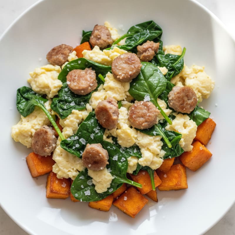 Egg White and Turkey Sausage Scramble with Spinach and Roasted Sweet Potato