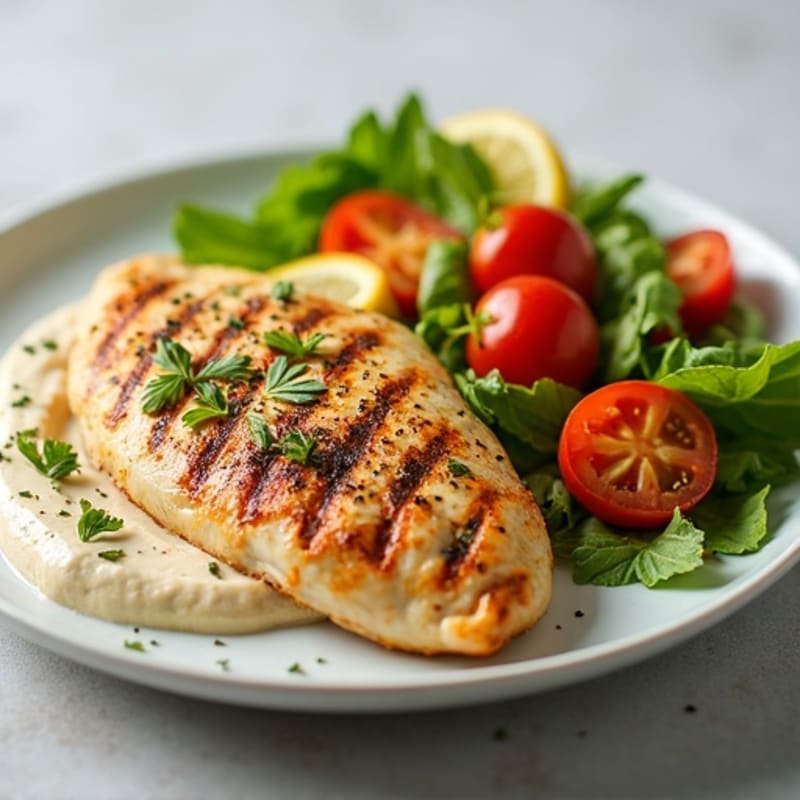 Lemon Herb Grilled Chicken with Creamy Hummus and Fresh Vegetable Salad