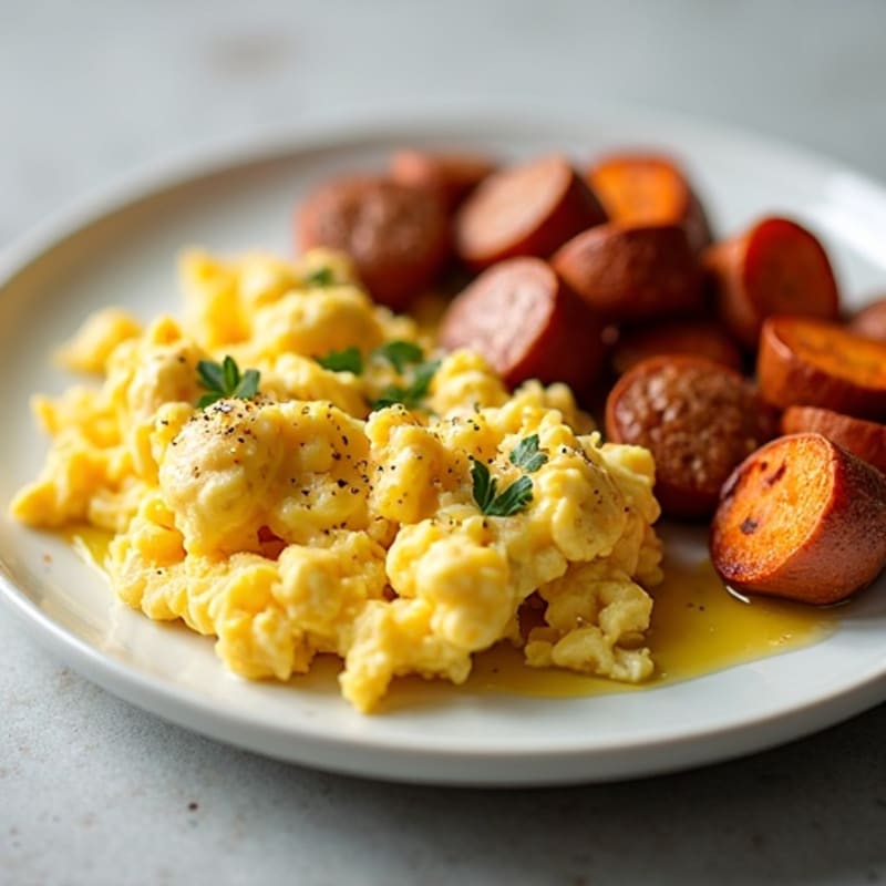 Egg White and Turkey Sausage Scramble with Roasted Sweet Potatoes