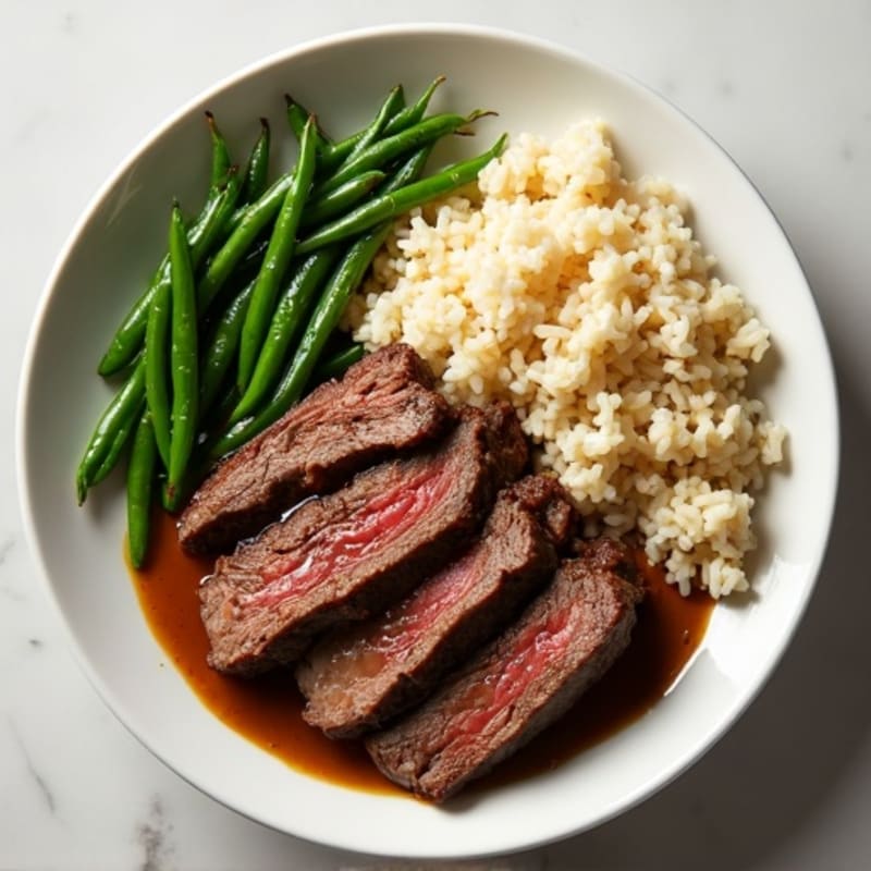 Tender Slow Cooked Beef Roast with Fluffy Jasmine Rice and Garlic Roasted Green Beans