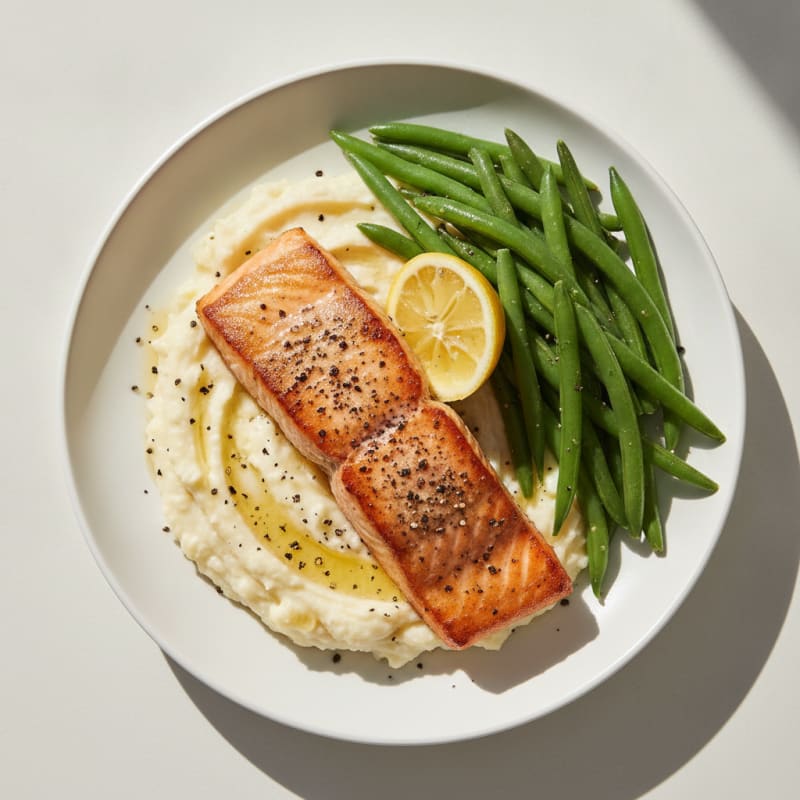 Seared Salmon with Steamed Green Beans and Mashed Cauliflower