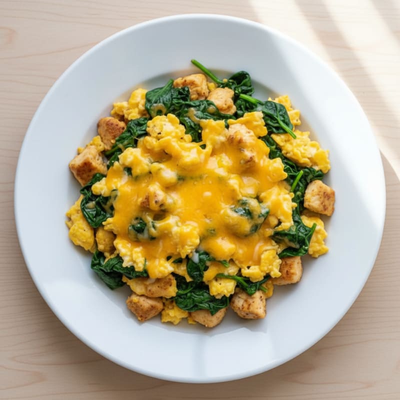 Cheesy Scrambled Eggs with Sautéed Spinach and Chicken Breast