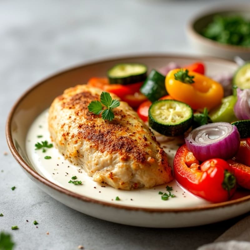 Healthy Spiced Creamy Chicken with Roasted Veggies
