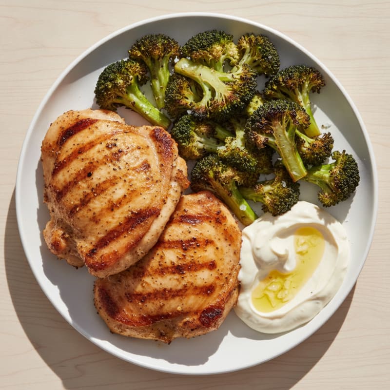 Grilled Chicken Thighs with Roasted Broccoli and Garlic Aioli