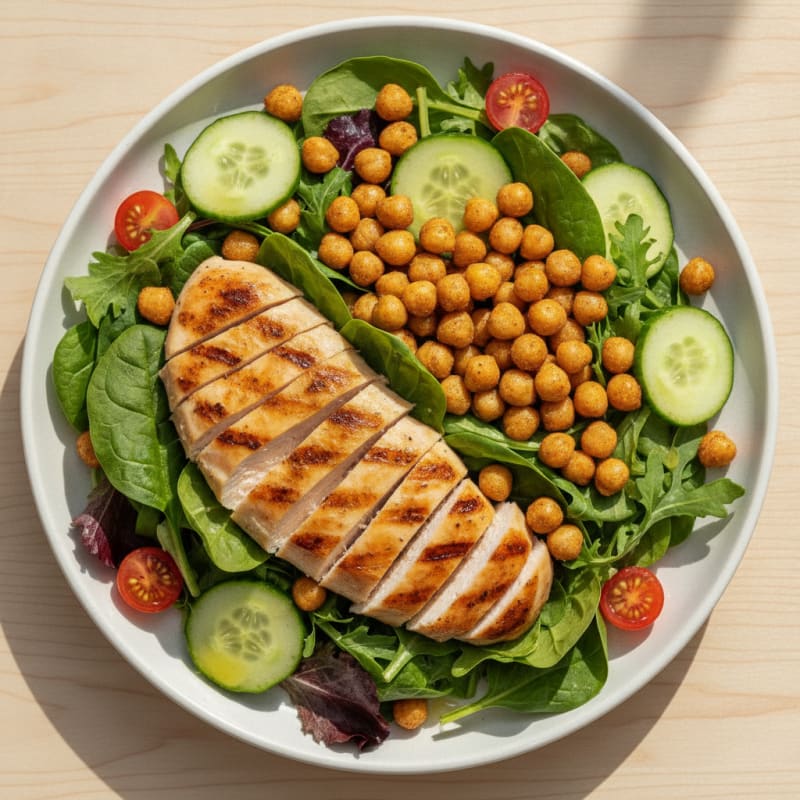 Grilled Chicken Breast Salad with Roasted Chickpeas and Mixed Greens
