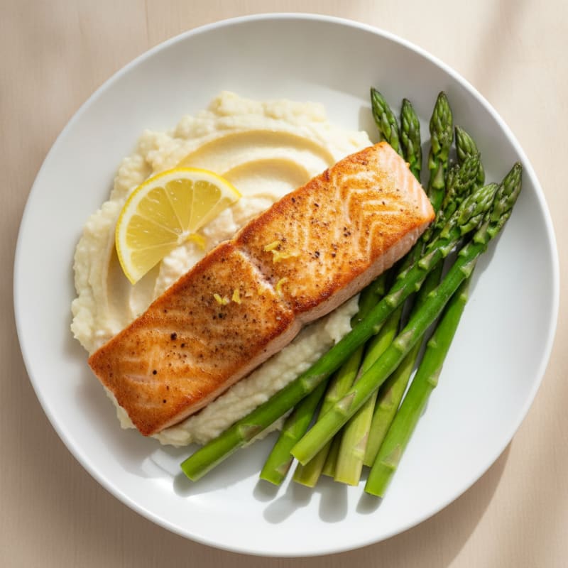 Seared Salmon with Steamed Asparagus and Cauliflower Mash