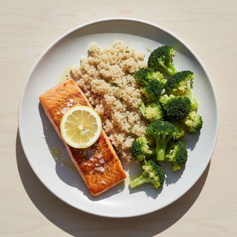 Seared Salmon with Steamed Broccoli and Quinoa