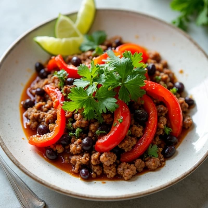 Spicy Lean Ground Beef Skillet with Roasted Peppers and Fresh Cilantro-Lime Topping