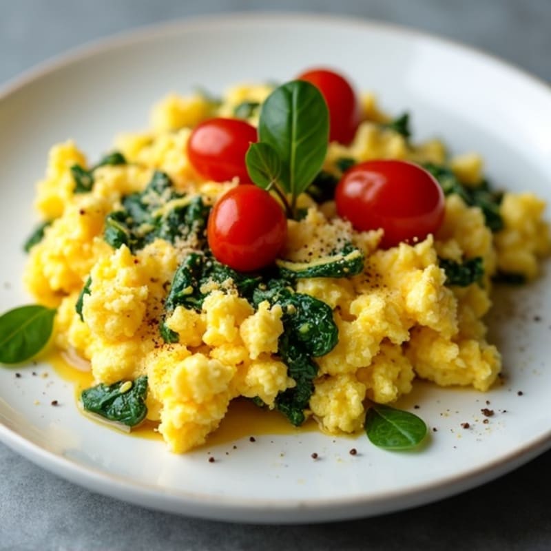 Fluffy Scrambled Eggs with Fresh Spinach and Cherry Tomatoes
