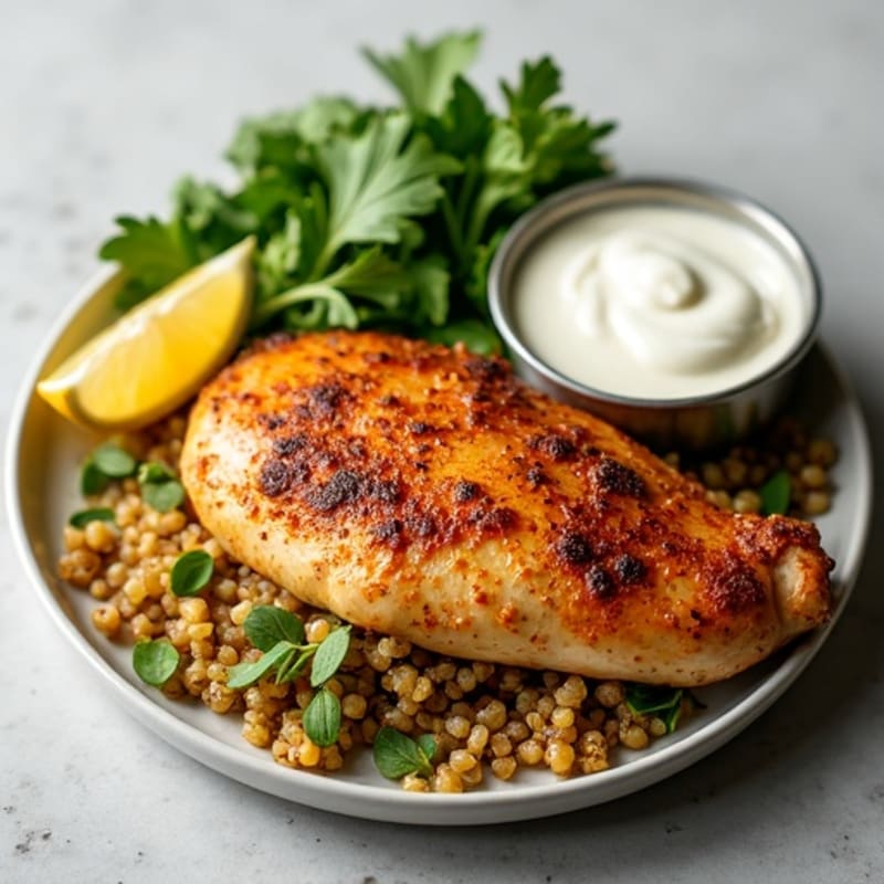 Roasted Spiced Chicken with Creamy Garlic Sauce and Crisp Greens
