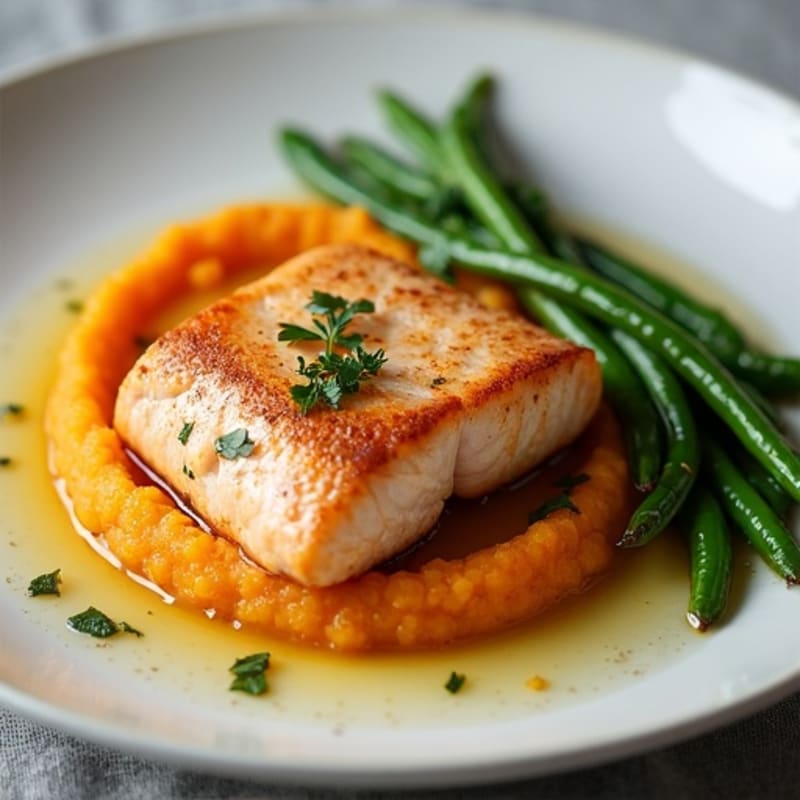 Seared Salmon with Garlic Green Beans and Sweet Potato Mash