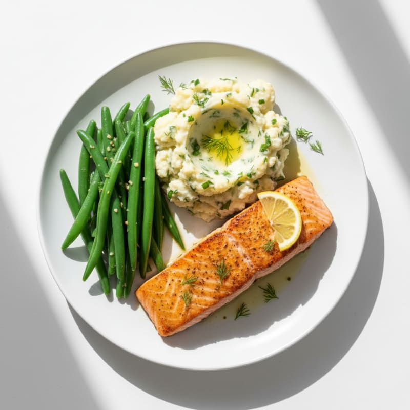 Seared Salmon Fillet with Steamed Green Beans and Herb Mashed Cauliflower
