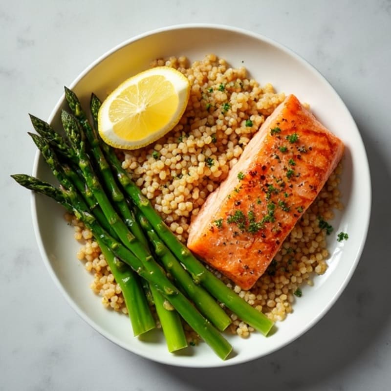 Flaky Lemon Herb Grilled Salmon with Roasted Asparagus and Quinoa