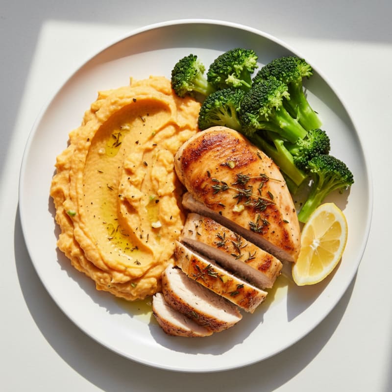 Roasted Chicken Breast with Garlic Sweet Potato Mash and Steamed Vegetables