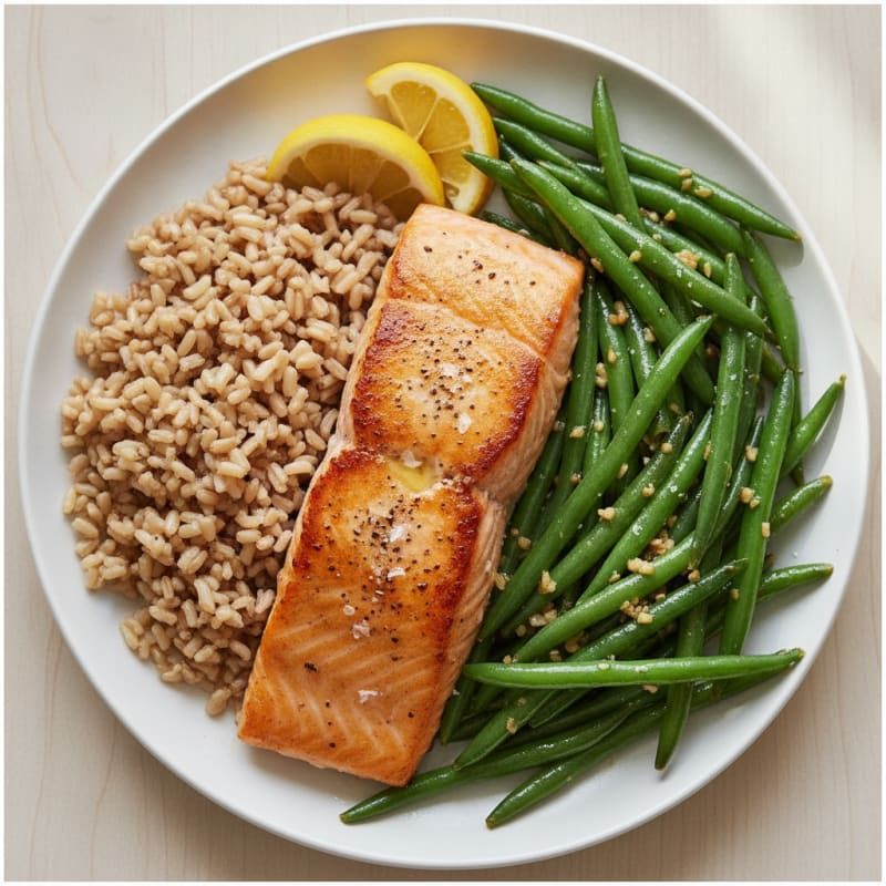 Seared Salmon with Garlicky Green Beans and Brown Rice