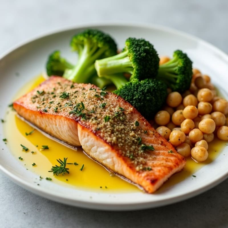Herb-Crusted Salmon with Roasted Broccoli and Citrus Chickpea Mash