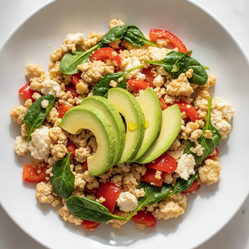 Egg White and Turkey Scramble with Sautéed Spinach and Bell Peppers