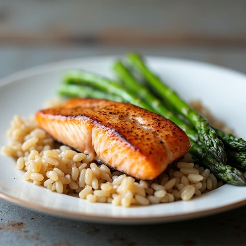 Seared Salmon Fillet with Steamed Asparagus and Brown Rice