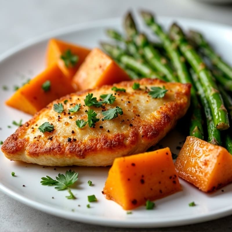 Crispy Baked Chicken with Roasted Asparagus and Sweet Potatoes