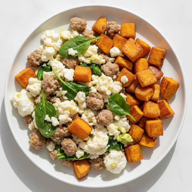 Scrambled Egg Whites with Turkey Sausage and Roasted Sweet Potatoes
