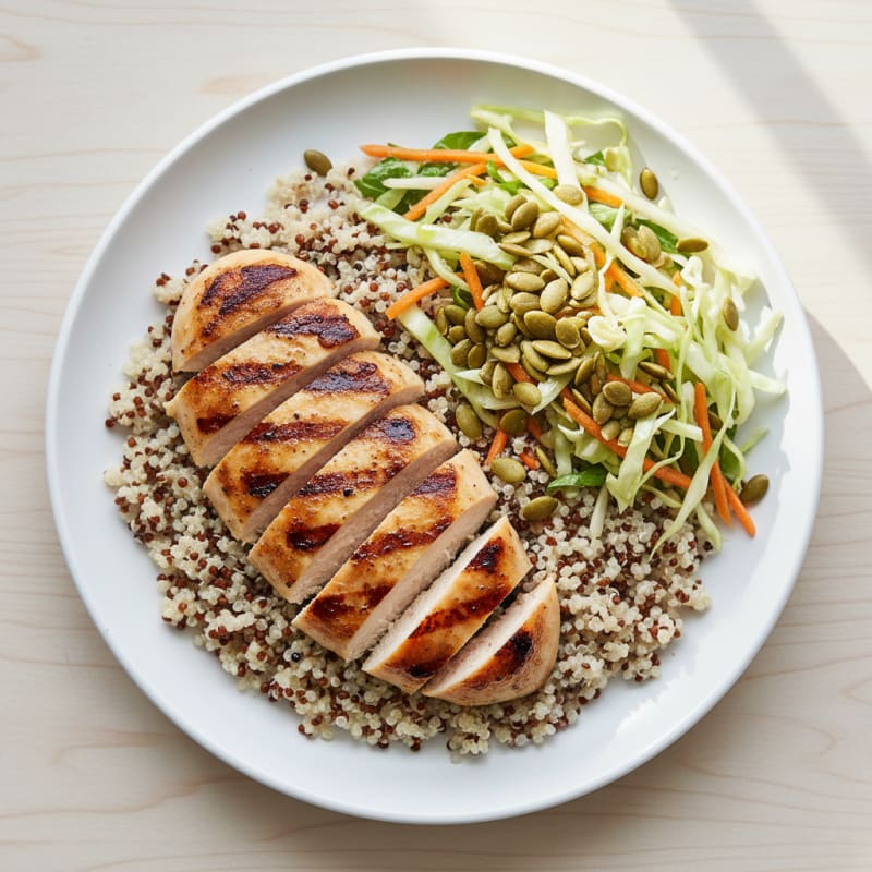 Grilled Chicken Breast with Crunchy Cabbage Slaw and Quinoa