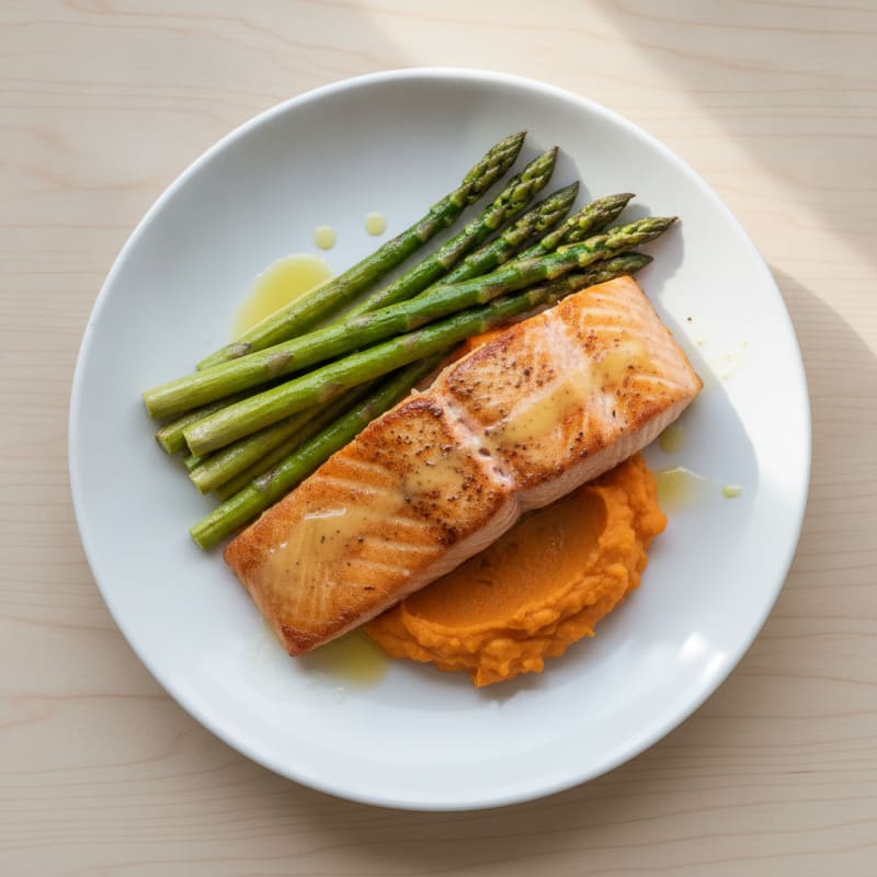 Seared Salmon Fillet with Roasted Asparagus and Sweet Potato Mash