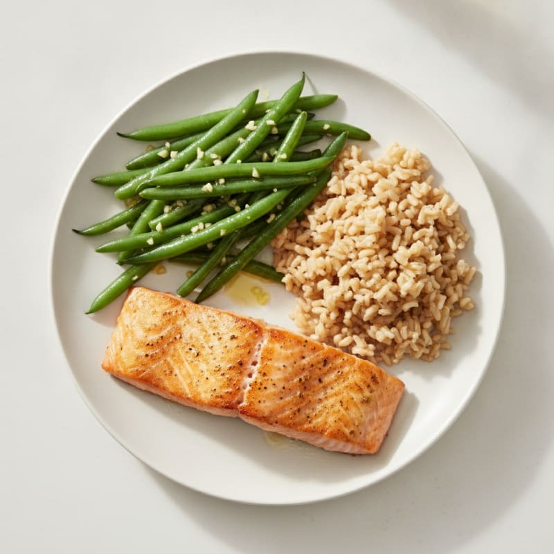 Seared Salmon Fillet with Garlic Green Beans and Brown Rice