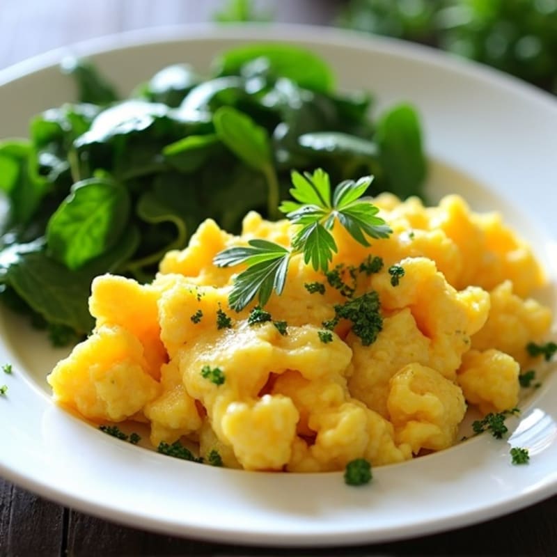 Creamy Scrambled Eggs with Fresh Herbs and Sautéed Spinach