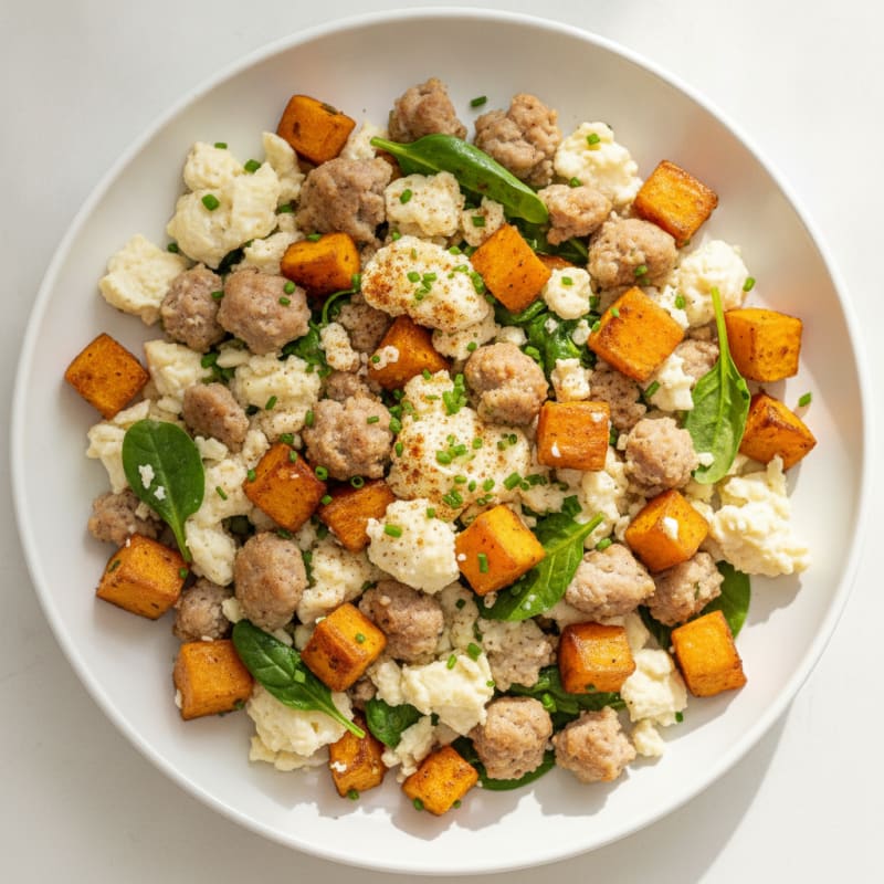 Egg White and Turkey Sausage Scramble with Roasted Sweet Potatoes