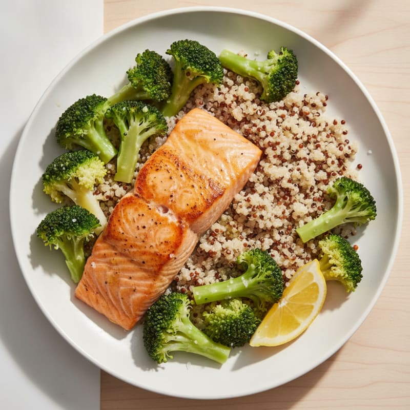 Seared Salmon with Steamed Broccoli and Quinoa