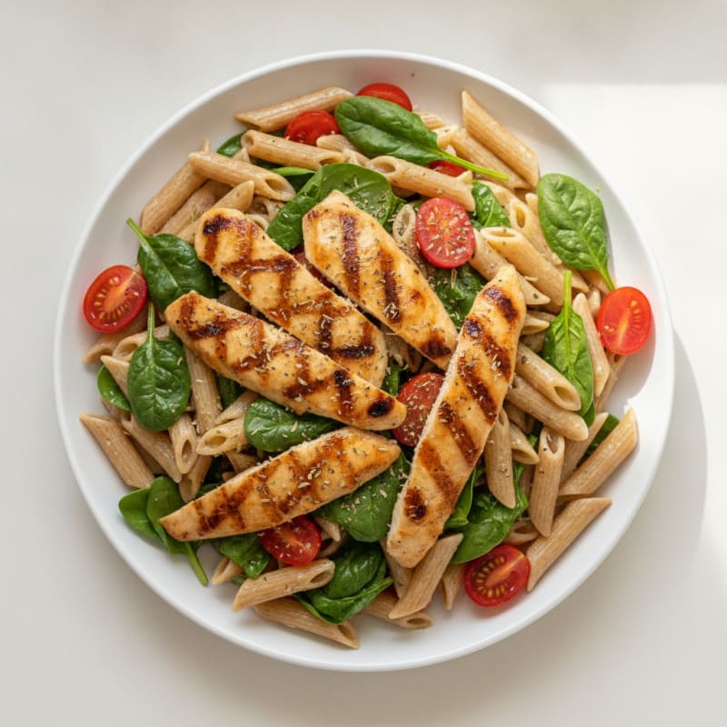 Grilled Chicken Pasta Salad with Spinach and Cherry Tomatoes