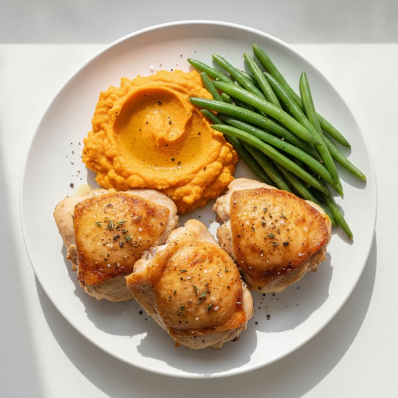 Oven-Baked Chicken Thighs with Steamed Green Beans and Sweet Potato Mash