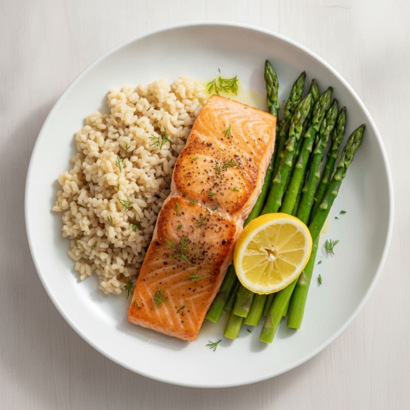Seared Salmon with Steamed Asparagus and Brown Rice