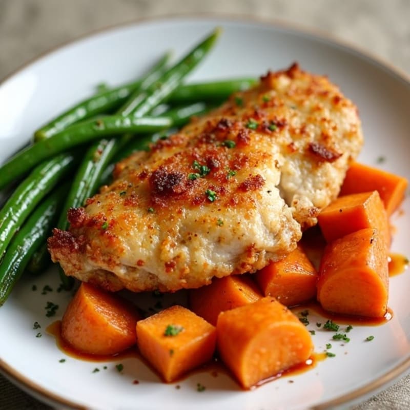 Crispy Baked Chicken with Roasted Sweet Potatoes and Green Beans