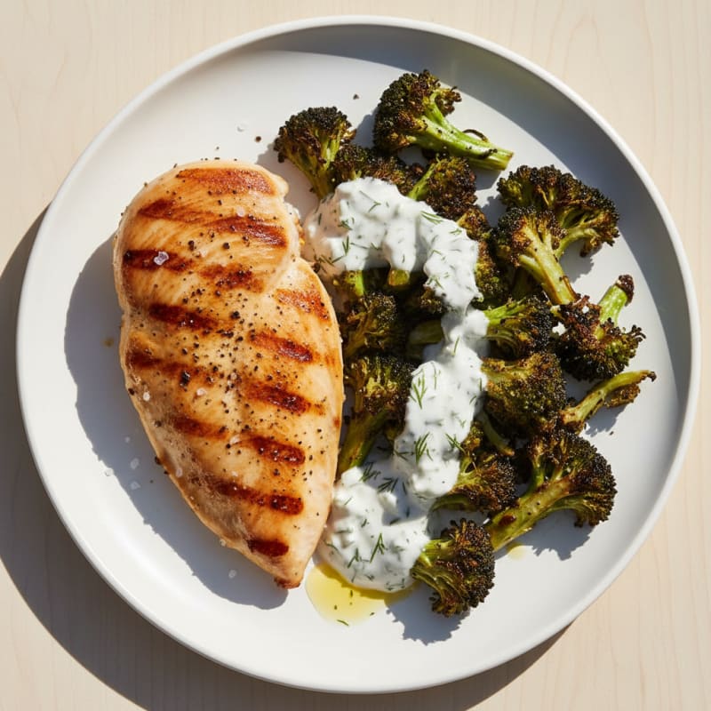 Grilled Chicken Breast with Roasted Broccoli and Greek Yogurt Ranch
