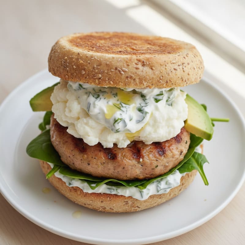 Egg White and Chicken Sausage Breakfast Sandwich with Greek Yogurt Spread