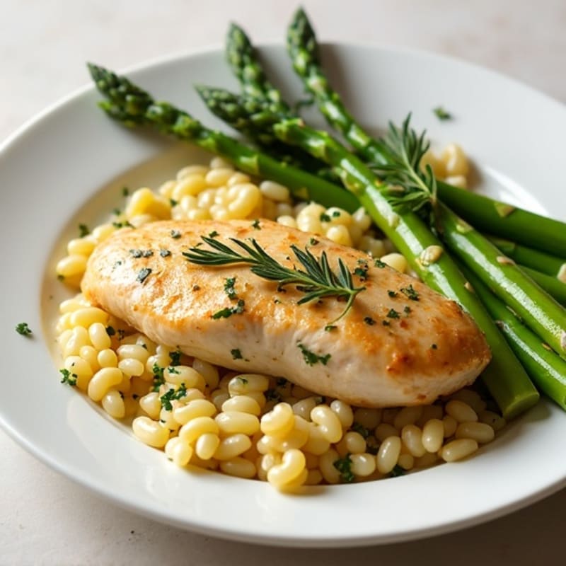 Lemon Herb Roasted Chicken with Creamy Orzo and Asparagus