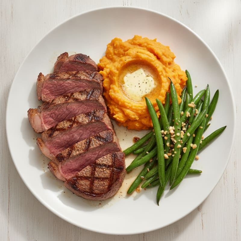 Seared Sirloin Steak with Garlic Green Beans and Sweet Potato Mash