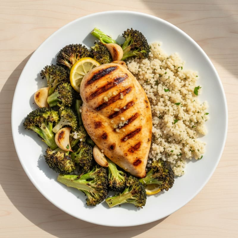 Grilled Lemon Garlic Chicken Breast with Roasted Broccoli and Quinoa