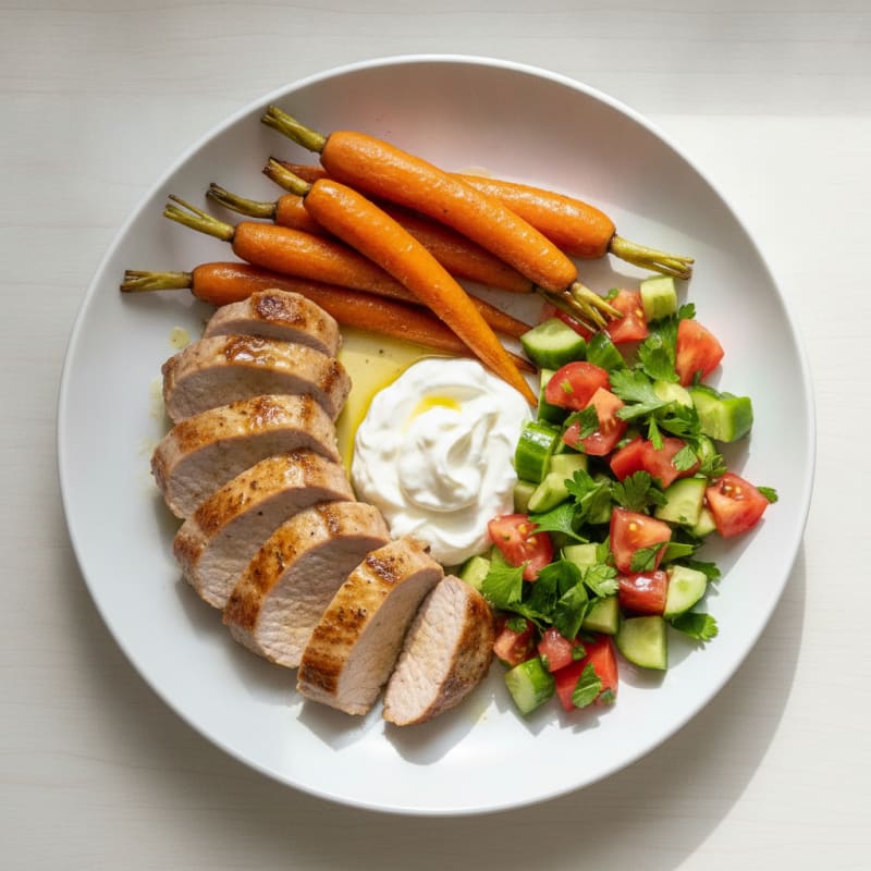 Seared Pork Tenderloin with Roasted Carrots and Tomato-Cucumber Salad