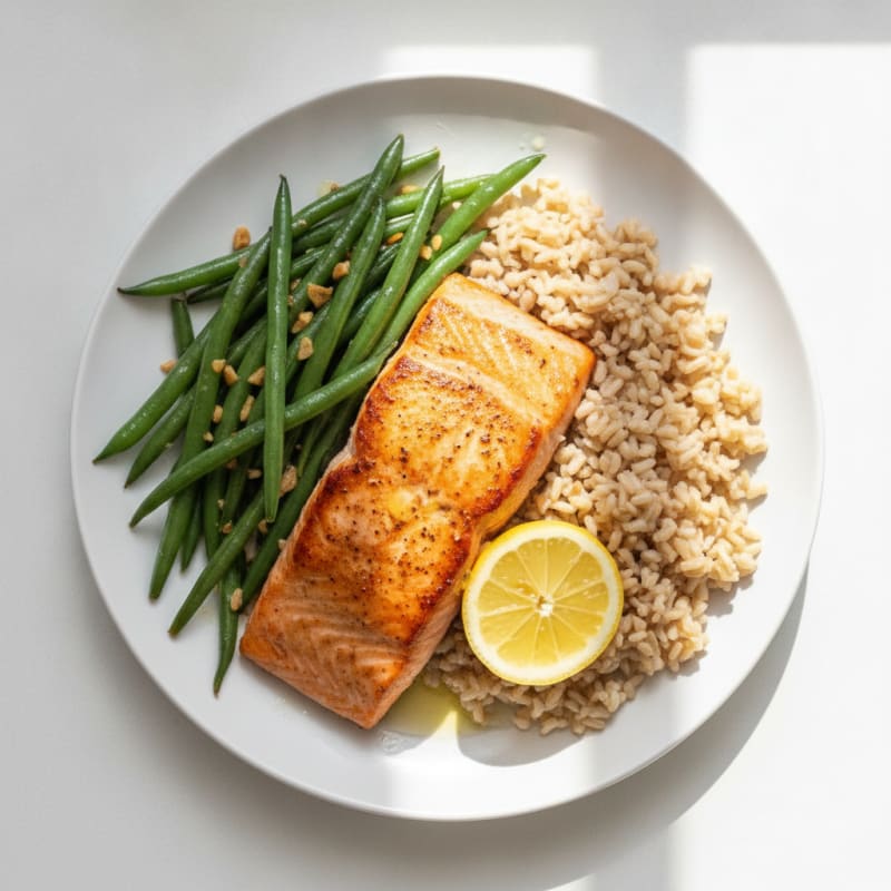 Seared Salmon with Garlic Green Beans and Brown Rice