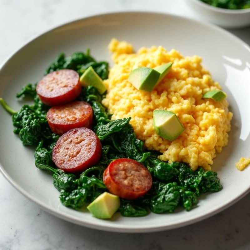 Egg White Scramble with Turkey Sausage and Sautéed Spinach