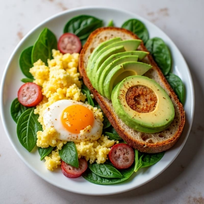 Egg White Scramble with Turkey Sausage, Spinach & Avocado Toast